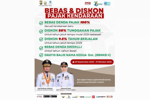 Pemprov Sulsel Berlakukan Bebas 100 Persen Denda, Diskon Tunggakan Hingga 50 Persen dan Diskon Tahun Berjalan 9,5 Persen