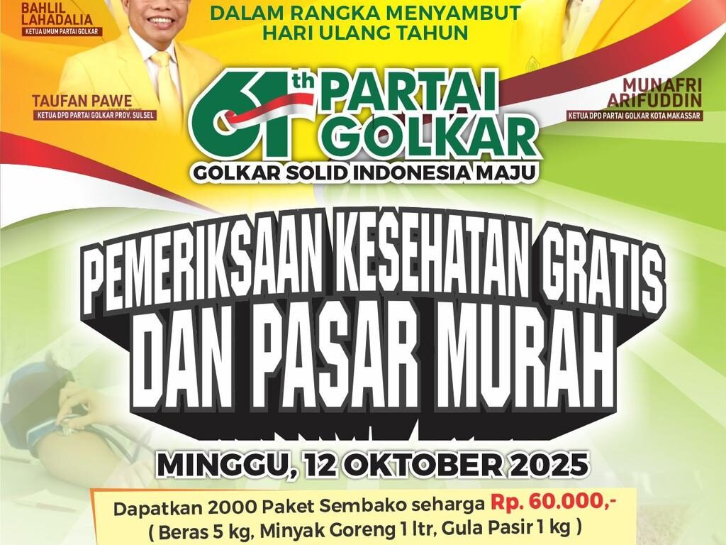 Peringatan HUT ke-61, Golkar Makassar Berbagi 2000 Paket Sembako Murah dan Pemeriksaan Kesehatan Gratis