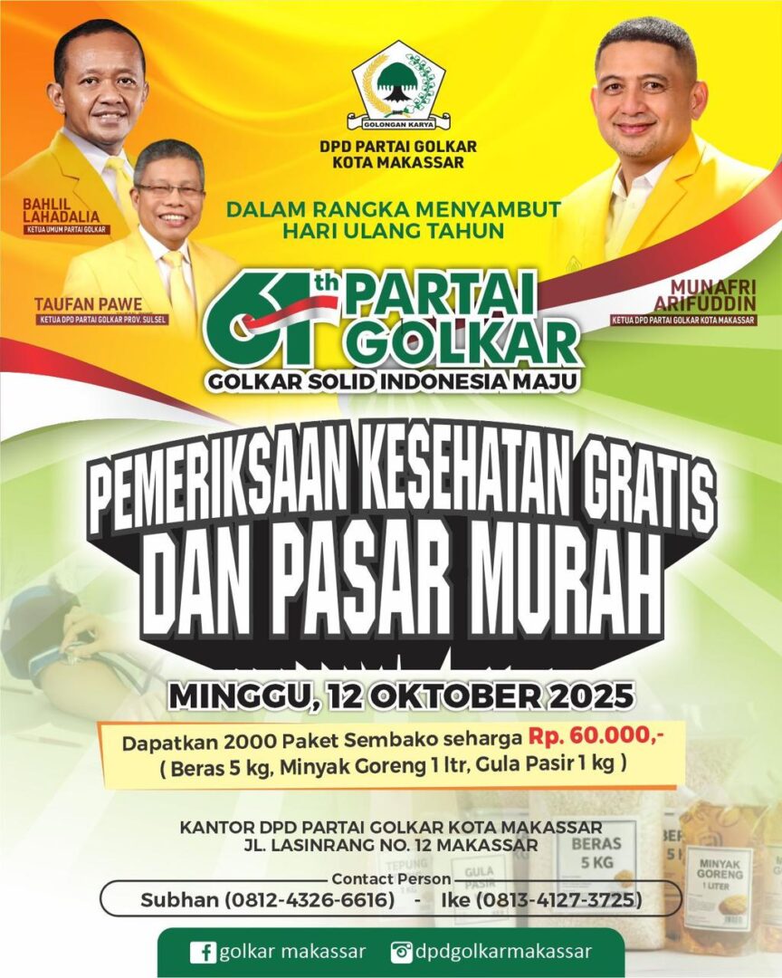 DPD Golkar Makassar berbagi sembako murah dan layanan kesehatan gratis kepada warga di Jalan Lasinrang, Minggu (12/10), dalam rangka HUT ke-61.