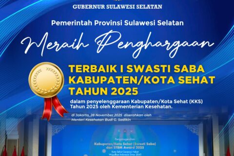 Pemprov Sulsel Raih Penghargaan Terbaik 1 Swasti Saba Kabupaten/Kota Sehat 2025