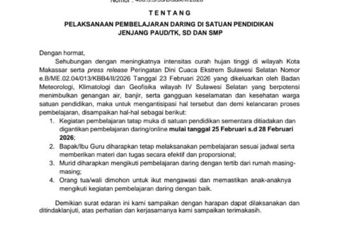 Antisipasi Cuaca Buruk, Disdik Makassar Keluarkan SE Belajar dari Rumah