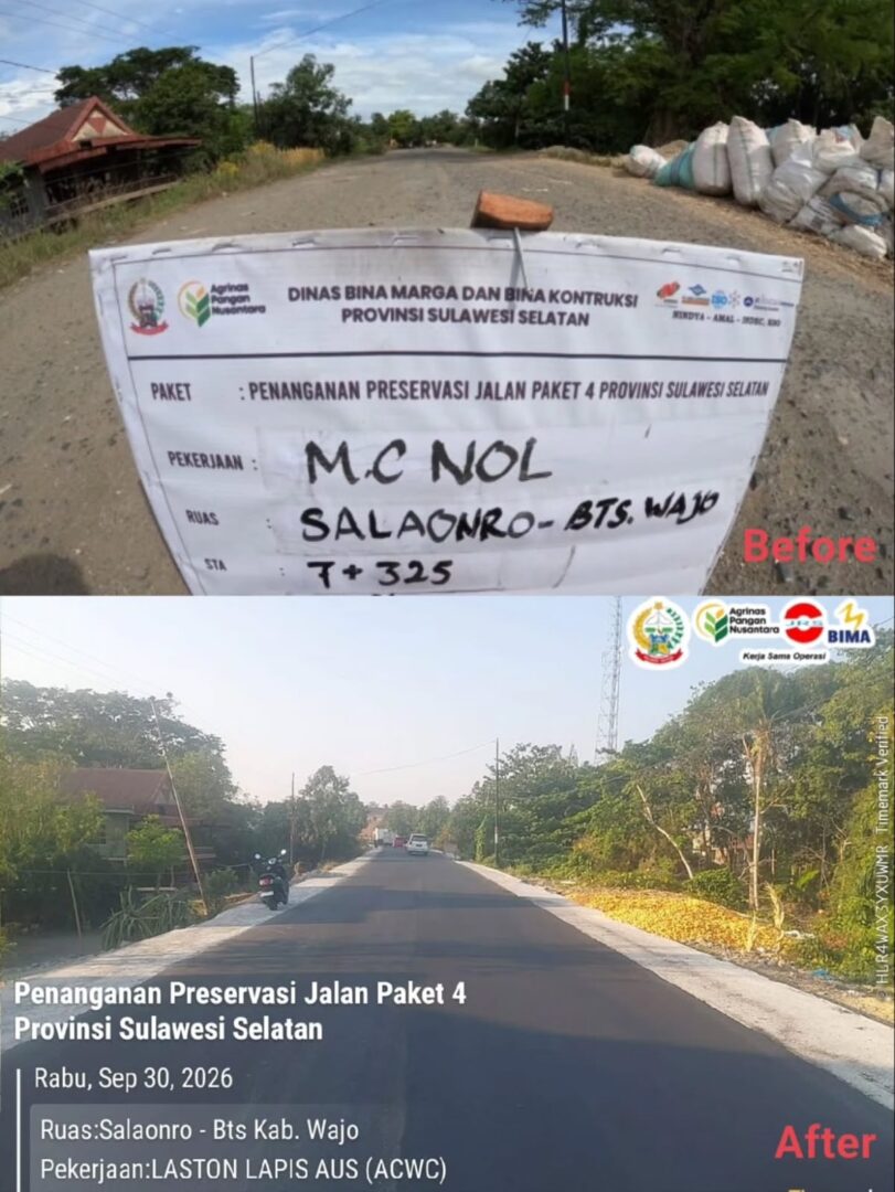 Kondisi Ruas Jalan Salaonro–Batas Kabupaten Wajo sepanjang 8,23 km yang kini beraspal melalui Program MYP Pemprov Sulsel, Minggu (4/10/2026).